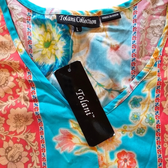 New TOLANI Vittoria Aqua Floral 3/4 Sleeve Boho Tie Waist Hankerchief Hem Blouse - Picture 8 of 10